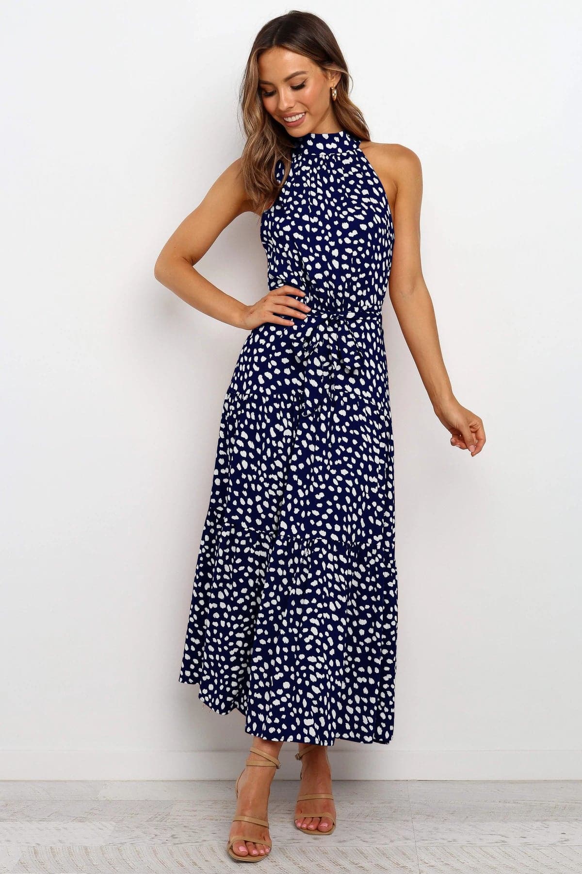 Halter Neck Belted Tiered Floral Print Maxi Dress
