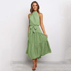 Halter Neck Belted Tiered Floral Print Maxi Dress