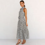 Halter Neck Belted Tiered Floral Print Maxi Dress