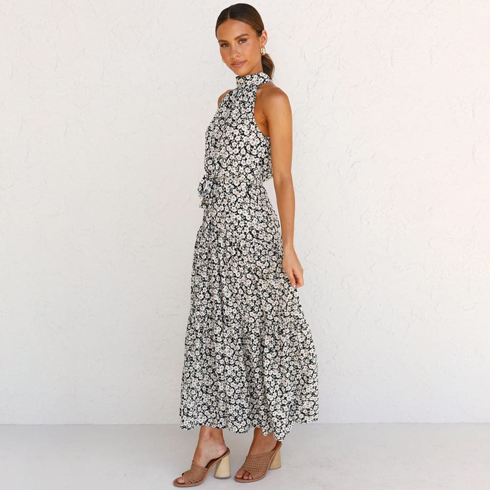 Halter Neck Belted Tiered Floral Print Maxi Dress