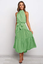 Halter Neck Belted Tiered Floral Print Maxi Dress