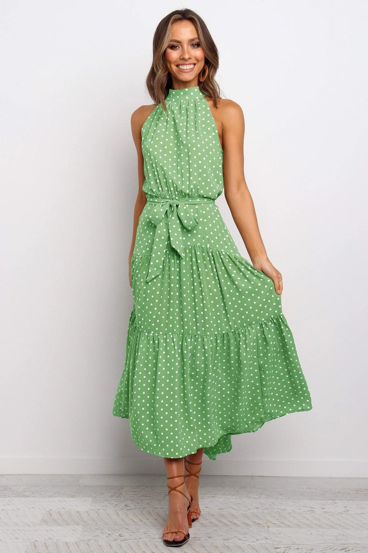 Halter Neck Belted Tiered Floral Print Maxi Dress