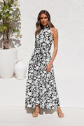 Halter Neck Belted Tiered Floral Print Maxi Dress