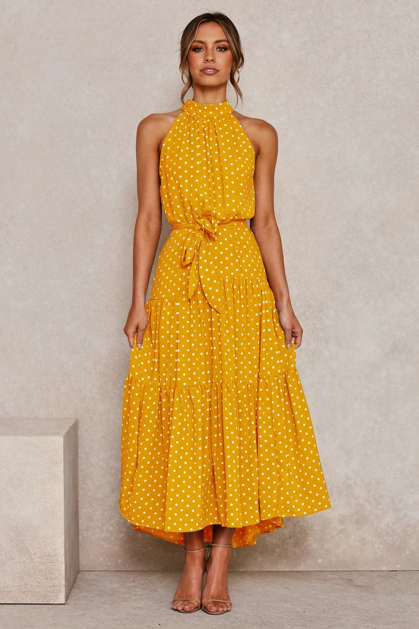 Halter Neck Belted Tiered Floral Print Maxi Dress