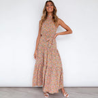 Halter Neck Belted Tiered Floral Print Maxi Dress