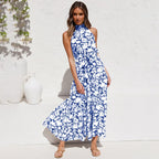 Halter Neck Belted Tiered Floral Print Maxi Dress