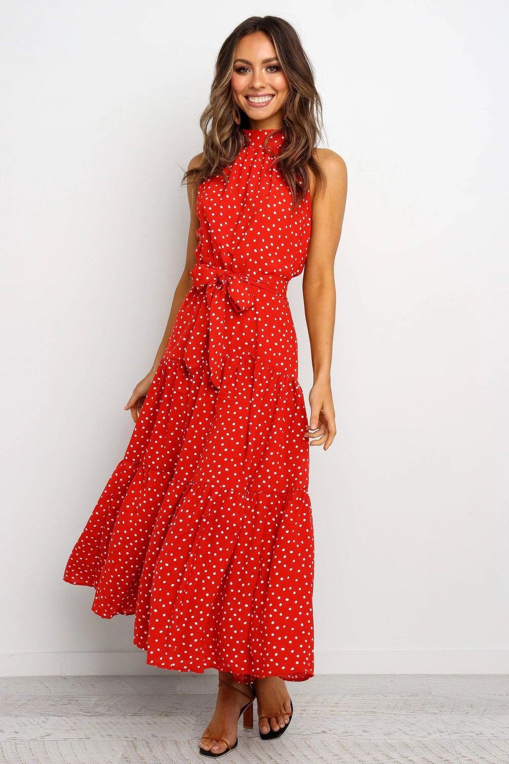 Halter Neck Belted Tiered Floral Print Maxi Dress