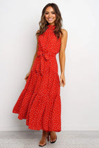 Halter Neck Belted Tiered Floral Print Maxi Dress