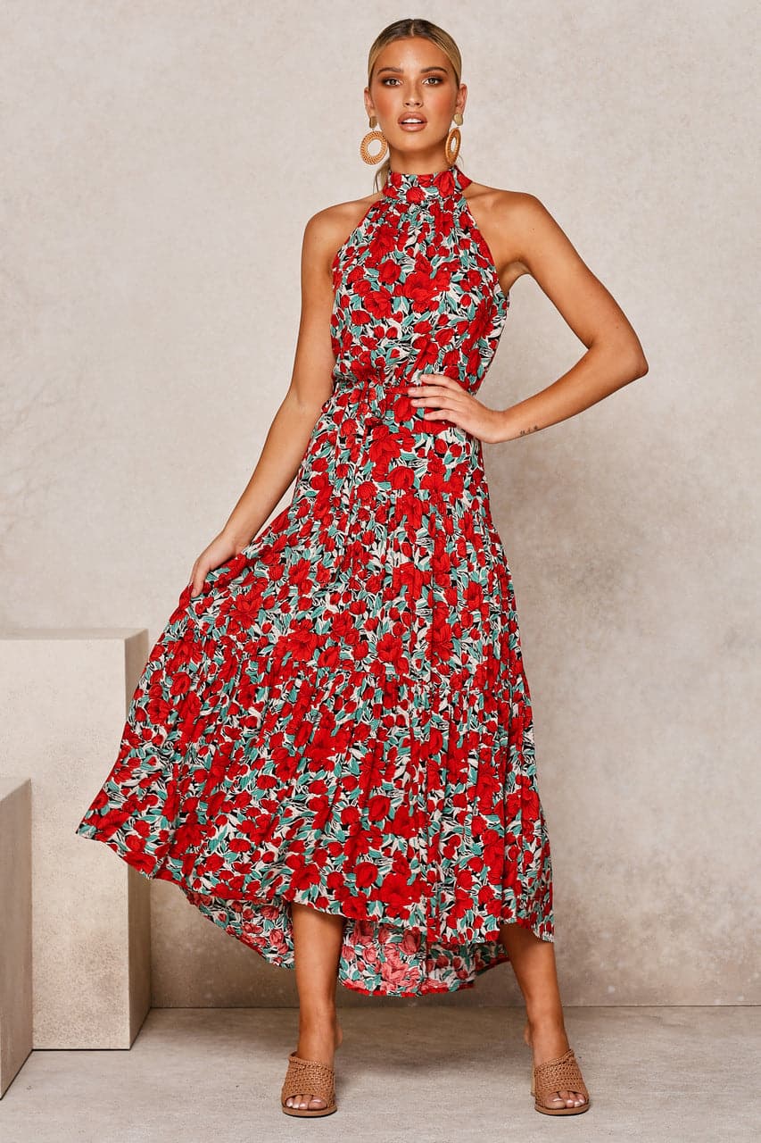 Halter Neck Belted Tiered Floral Print Maxi Dress