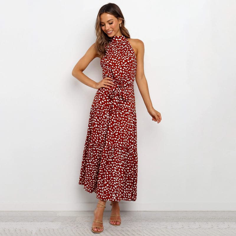 Halter Neck Belted Tiered Floral Print Maxi Dress