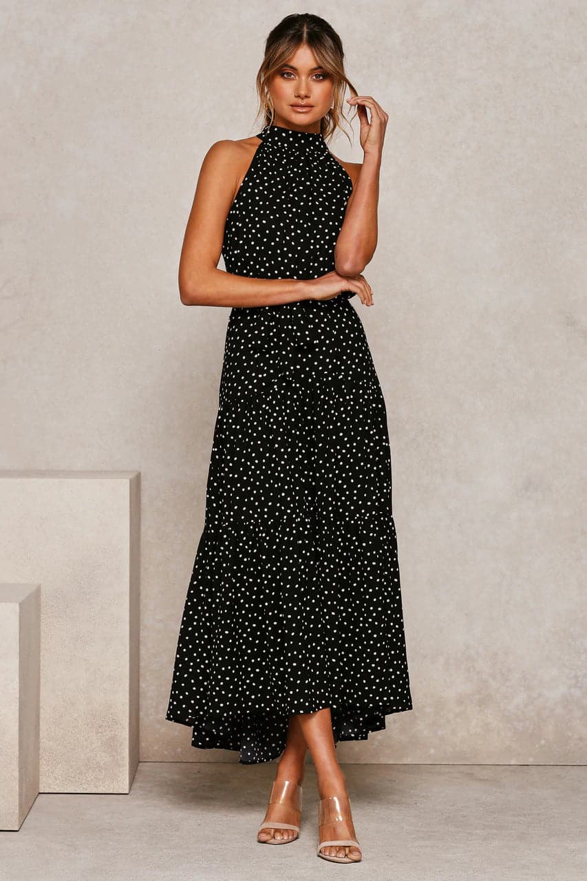 Halter Neck Belted Tiered Floral Print Maxi Dress