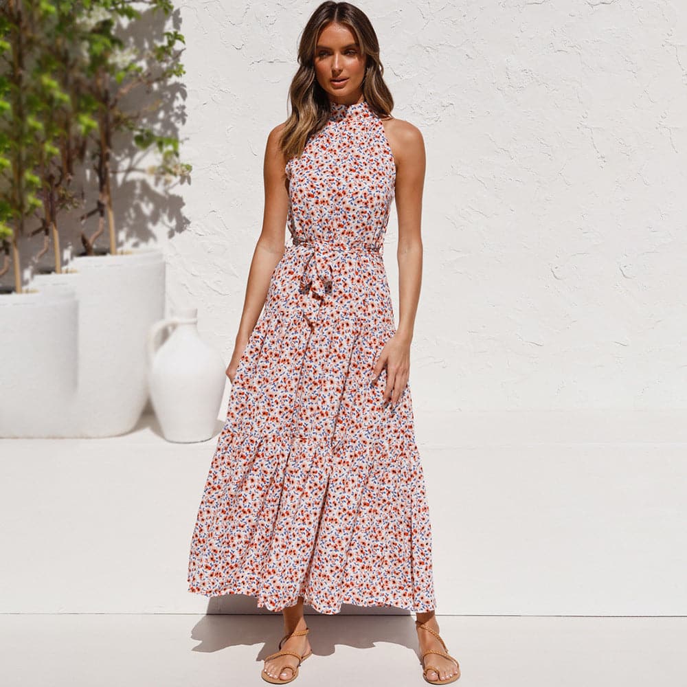 Halter Neck Belted Tiered Floral Print Maxi Dress