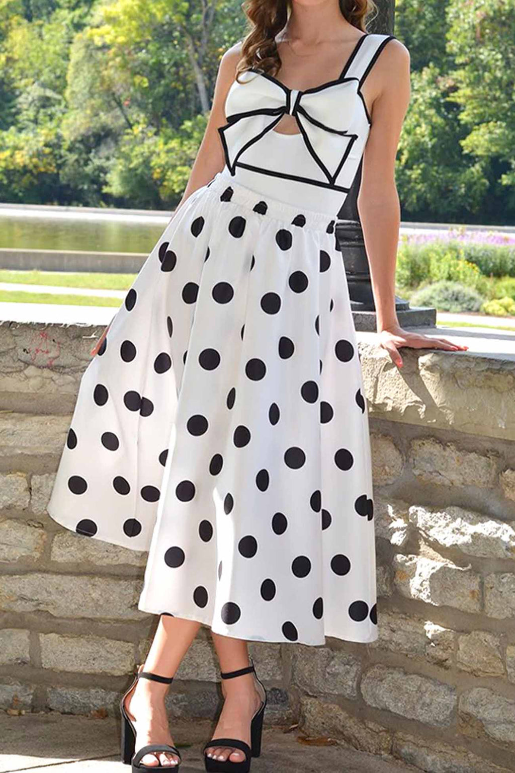 Polka Dot Bow One Piece Swimsuit With Skirt