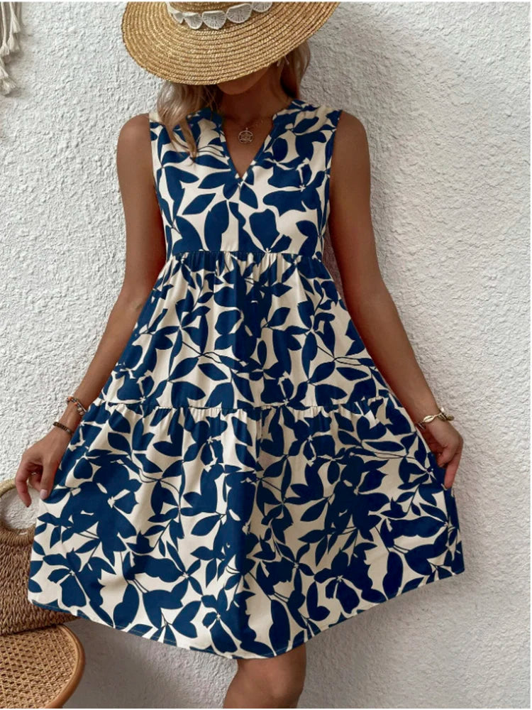 Leaf Print V Neck Tiered Ruffle Babydoll Mini Dress