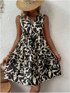 Leaf Print V Neck Tiered Ruffle Babydoll Mini Dress