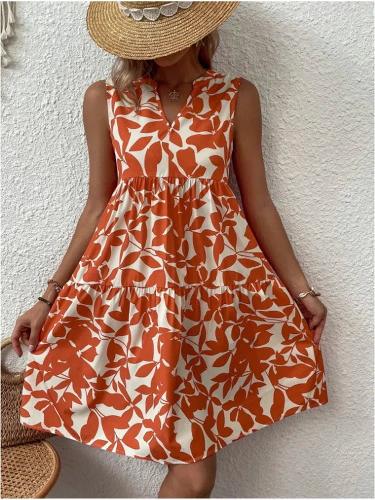 Leaf Print V Neck Tiered Ruffle Babydoll Mini Dress