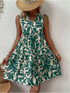 Leaf Print V Neck Tiered Ruffle Babydoll Mini Dress