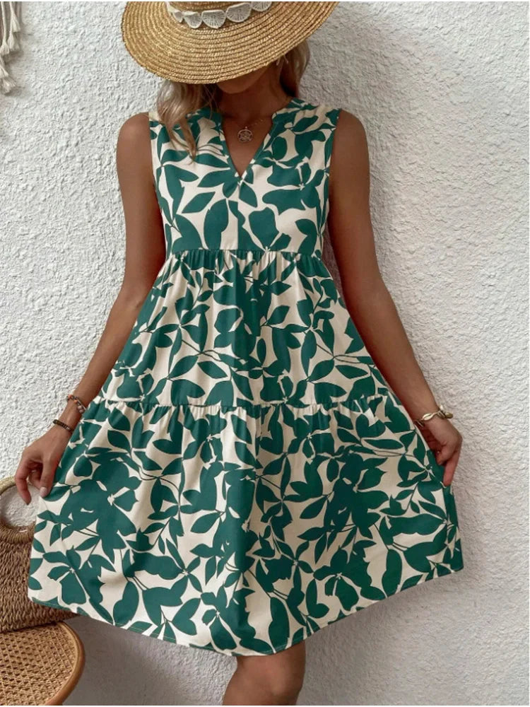 Leaf Print V Neck Tiered Ruffle Babydoll Mini Dress