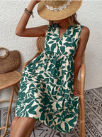 Leaf Print V Neck Tiered Ruffle Babydoll Mini Dress
