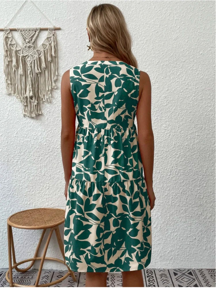 Leaf Print V Neck Tiered Ruffle Babydoll Mini Dress