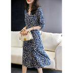 V-Neck Three Quarter Sleeve Ditsy Floral Print A-Line Midi Dress