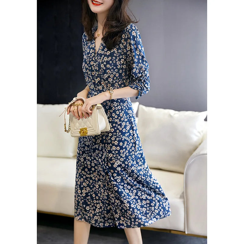 V-Neck Three Quarter Sleeve Ditsy Floral Print A-Line Midi Dress