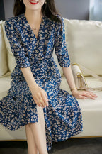 V-Neck Three Quarter Sleeve Ditsy Floral Print A-Line Midi Dress