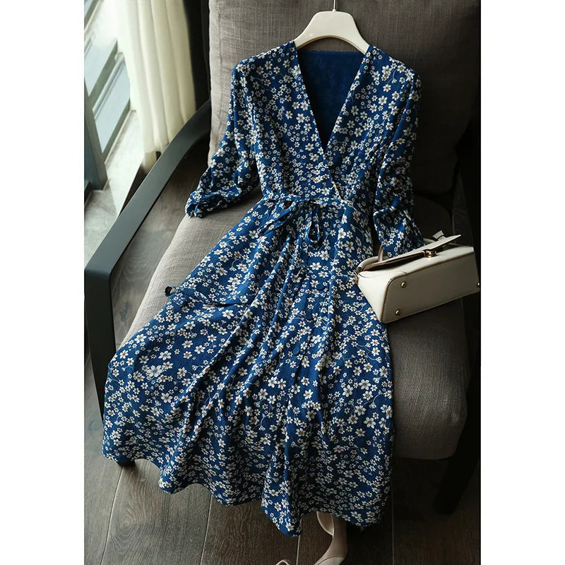V-Neck Three Quarter Sleeve Ditsy Floral Print A-Line Midi Dress