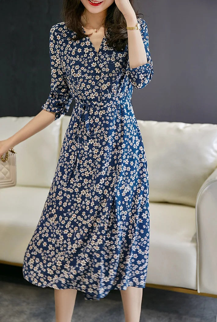 V-Neck Three Quarter Sleeve Ditsy Floral Print A-Line Midi Dress