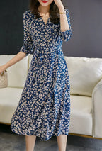 V-Neck Three Quarter Sleeve Ditsy Floral Print A-Line Midi Dress