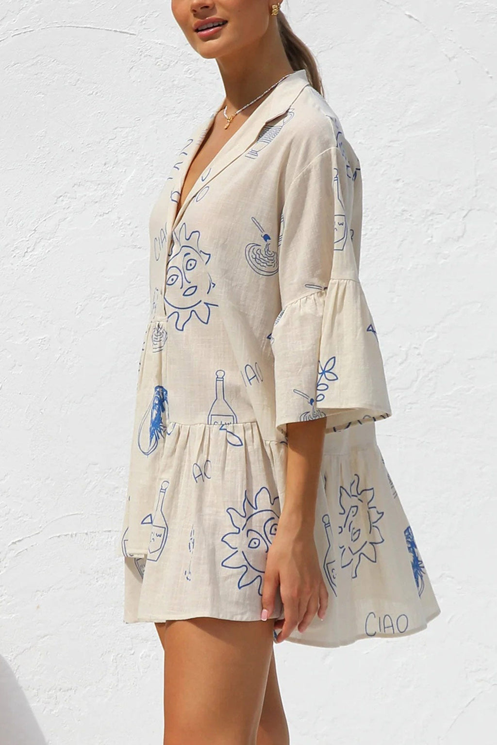 Graphic Palm Print Collar V-Neck Bell Sleeve Tiered Babydoll Mini Dress