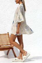 Graphic Palm Print Collar V-Neck Bell Sleeve Tiered Babydoll Mini Dress