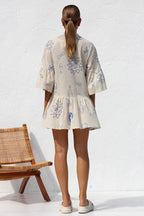 Graphic Palm Print Collar V-Neck Bell Sleeve Tiered Babydoll Mini Dress