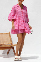 Graphic Palm Print Collar V-Neck Bell Sleeve Tiered Babydoll Mini Dress