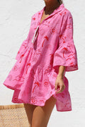 Graphic Palm Print Collar V-Neck Bell Sleeve Tiered Babydoll Mini Dress