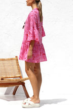 Graphic Palm Print Collar V-Neck Bell Sleeve Tiered Babydoll Mini Dress