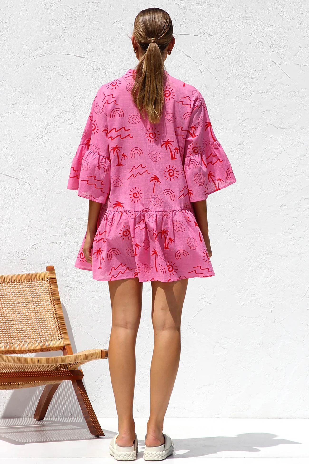 Graphic Palm Print Collar V-Neck Bell Sleeve Tiered Babydoll Mini Dress
