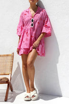 Graphic Palm Print Collar V-Neck Bell Sleeve Tiered Babydoll Mini Dress