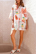 Graphic Palm Print Collar V-Neck Bell Sleeve Tiered Babydoll Mini Dress