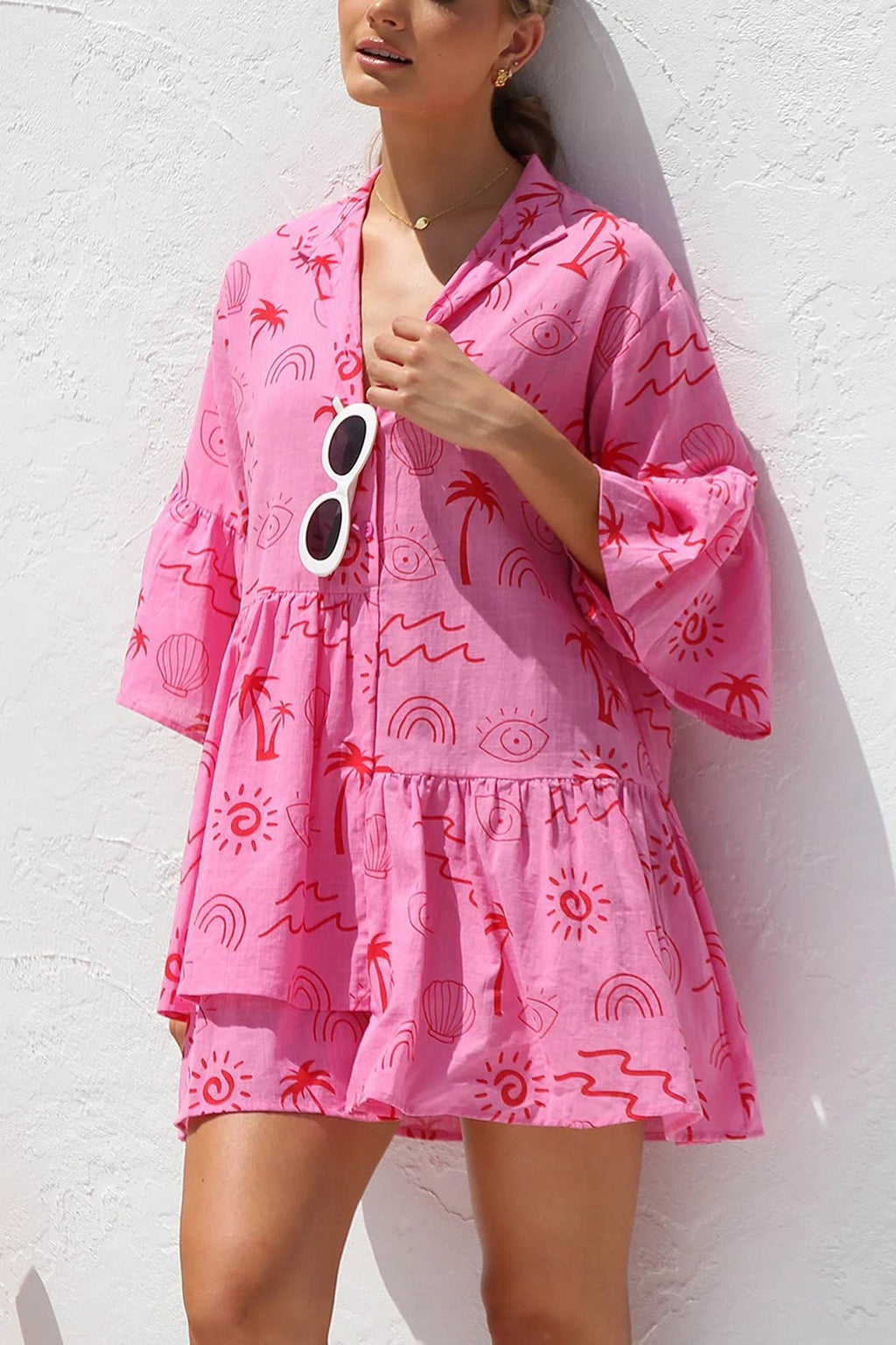 Graphic Palm Print Collar V-Neck Bell Sleeve Tiered Babydoll Mini Dress