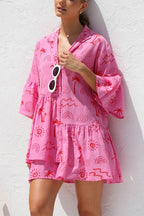 Graphic Palm Print Collar V-Neck Bell Sleeve Tiered Babydoll Mini Dress