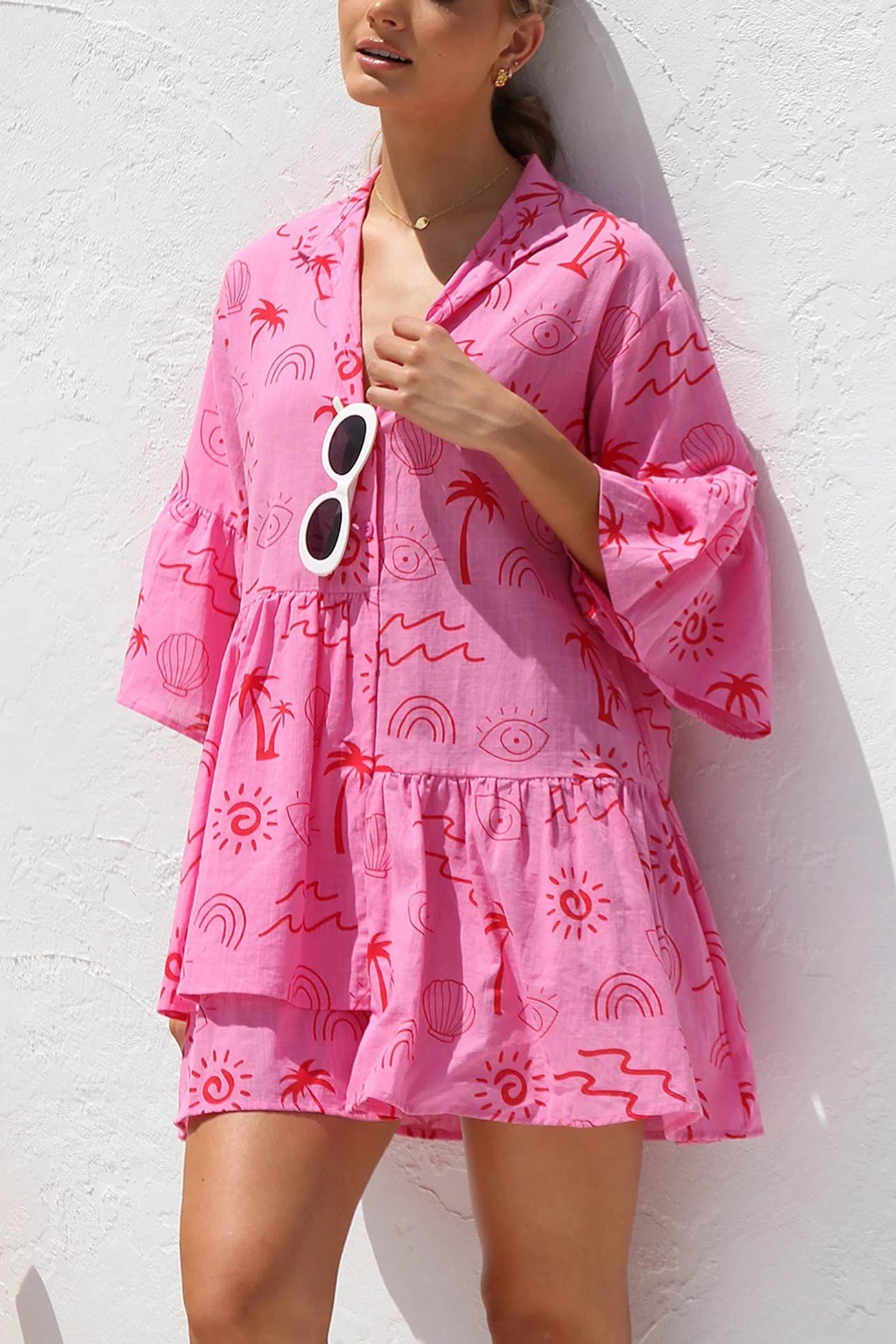 Graphic Palm Print Collar V-Neck Bell Sleeve Tiered Babydoll Mini Dress