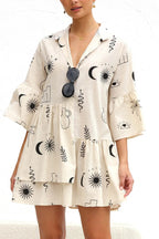 Graphic Palm Print Collar V-Neck Bell Sleeve Tiered Babydoll Mini Dress