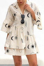 Graphic Palm Print Collar V-Neck Bell Sleeve Tiered Babydoll Mini Dress