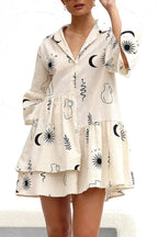 Graphic Palm Print Collar V-Neck Bell Sleeve Tiered Babydoll Mini Dress