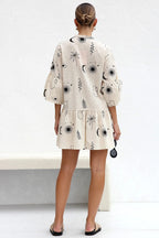 Graphic Palm Print Collar V-Neck Bell Sleeve Tiered Babydoll Mini Dress