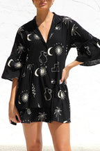 Graphic Palm Print Collar V-Neck Bell Sleeve Tiered Babydoll Mini Dress