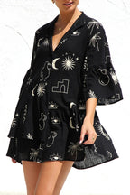 Graphic Palm Print Collar V-Neck Bell Sleeve Tiered Babydoll Mini Dress