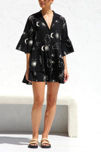Graphic Palm Print Collar V-Neck Bell Sleeve Tiered Babydoll Mini Dress