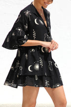 Graphic Palm Print Collar V-Neck Bell Sleeve Tiered Babydoll Mini Dress